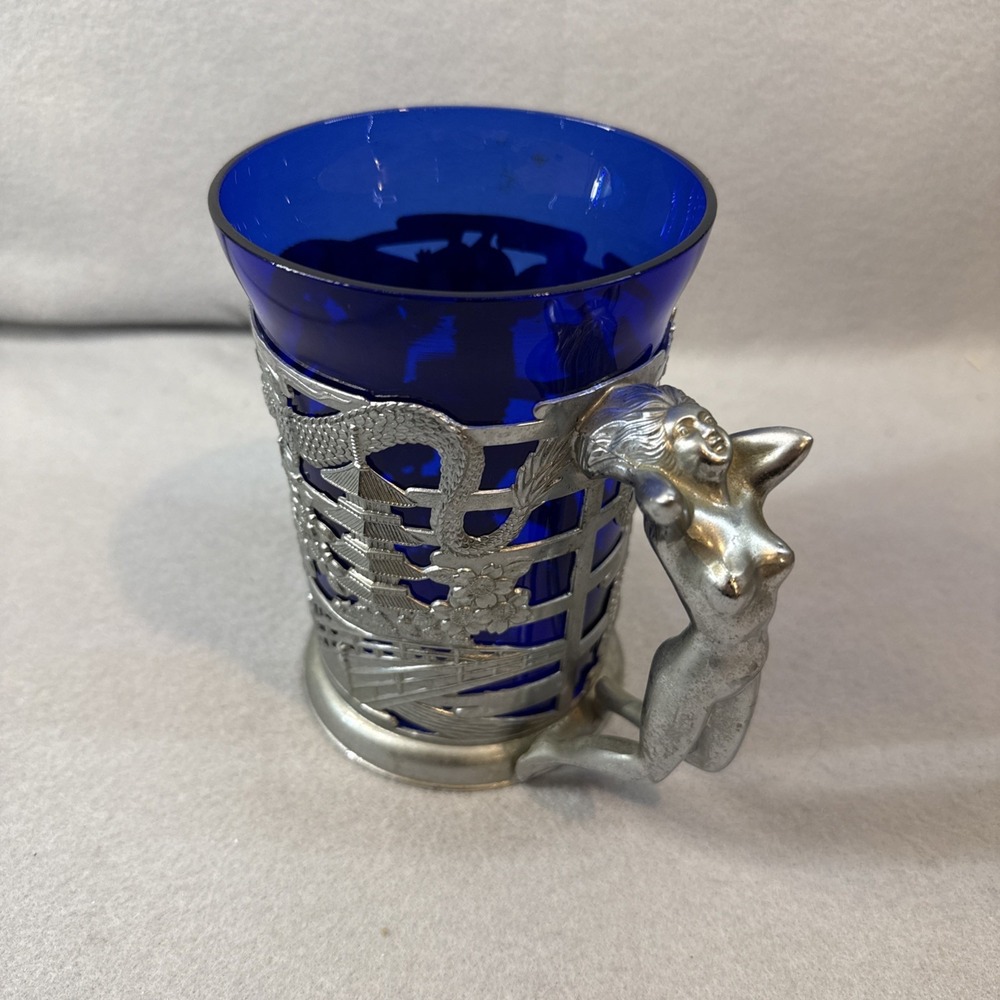 Vintage Japanese Silver Plated Stein with Cobalt Blue Glass‎ Insert Dragons.